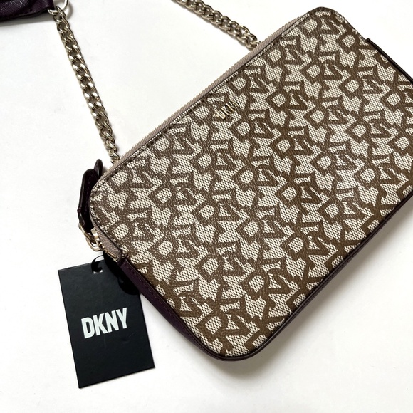 NWT DKNY Veronica Crossbody Bag Monogram Brown Plum Chain Strap Logo Purse - Picture 1 of 9